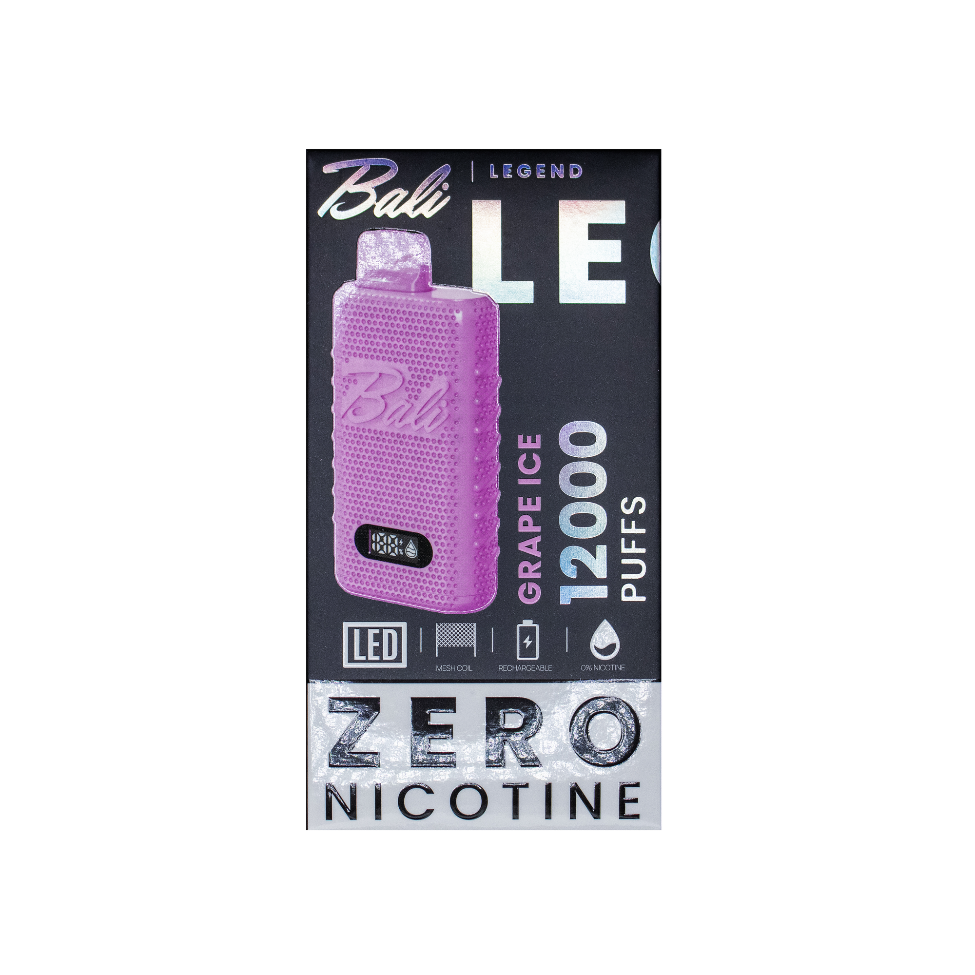 Purple vape device with packaging labeled 'Bali Legend' on a white background
