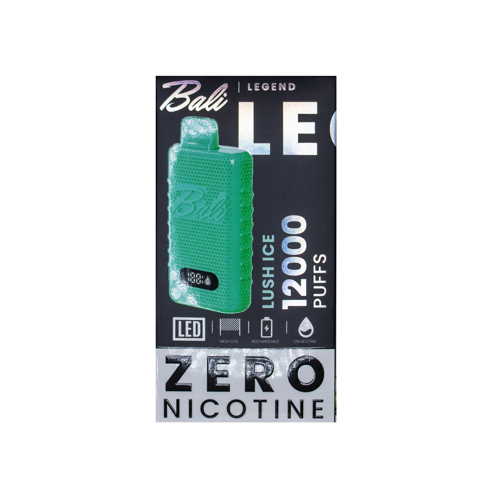 Vape device packaging with green vape pen and text on a white background